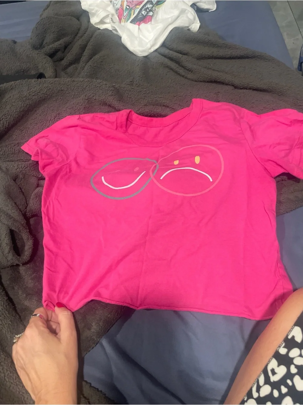 Hot Pink Happy Sad Smiley Face Crop Top Medium
